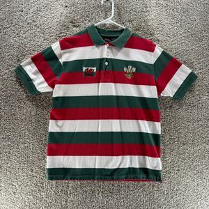 Vintage Manav Polo Shirt Mens Large Red White Green Stripes Cymru Patches Adult